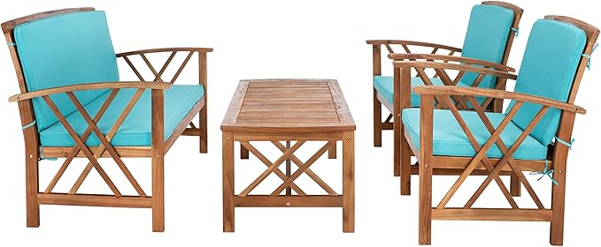 SAFAVIEH Outdoor Collection Fontana Natural/Aqua Cushion 4-Piece Conversation Patio Set