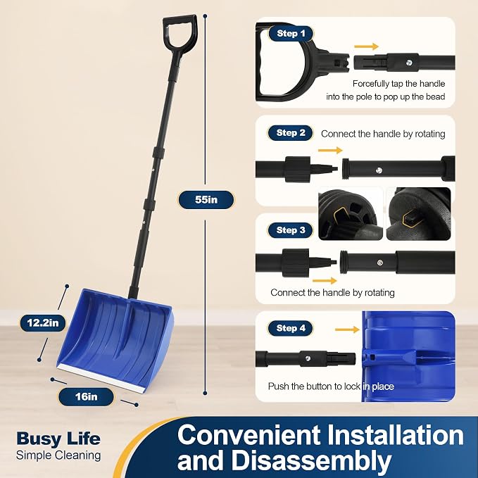 Yocada Snow Shovel for Driveway Home Garage Snow Removal 55 inch Long with D-Grip Handle Aluminum Strip Large Capacity Shovel for Garden Car Camping Outdoor - Image 2