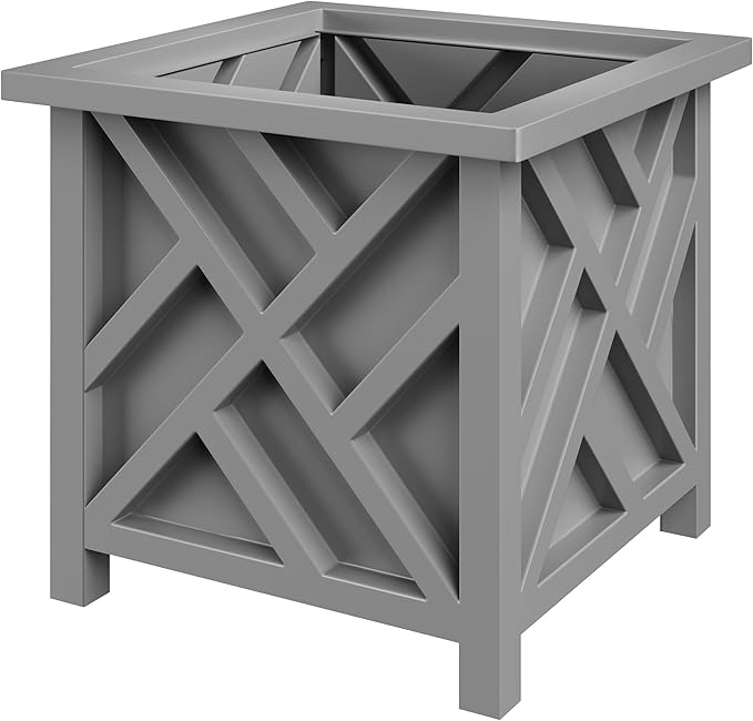 Lattice Design Outdoor Planter Box - 15.5” Square 16.5” Tall Gray Plant Pot - Decorative Plant Pots for Front Porch Decor - Flower Pots Outdoor Planters for Porch Patio or Garden Decor by Pure Garden