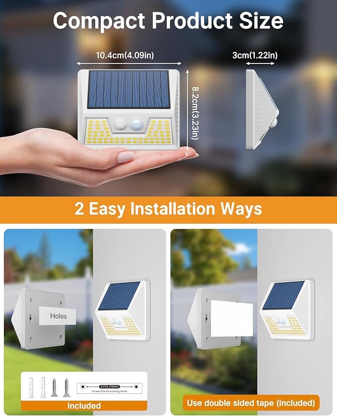 2Pack White Solar Lights Outdoor Motion Sensor, 3000K Warm Light/3 Lighting Modes, IP65 Waterproof Solar Powered Wall Lights Outside for Garden Fence Backyard Deck Driveway