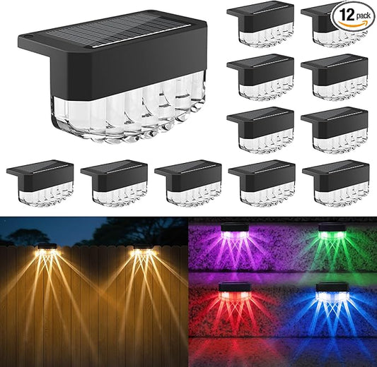 Solar Fence Lights Outdoor,12 Pack Solar Deck Lights,8 Fixed Colors ＆ Color Changing Modern Solar Powered,Waterproof LED for Step Stair Patio Backyard Porch Railing Halloween Christmas