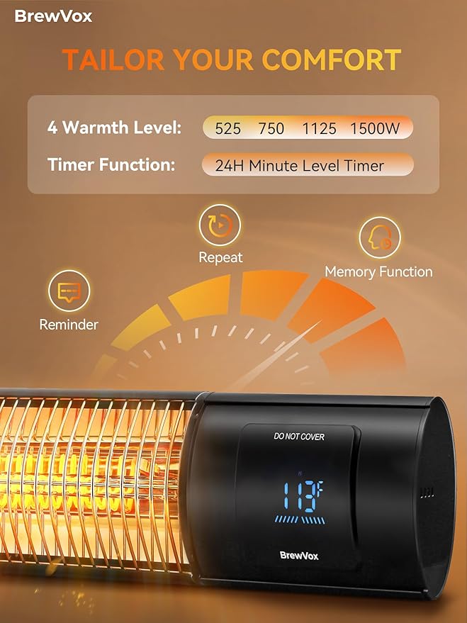 1500W Carbon Infrared Electric Outdoor Patio Heater with Thermostat, Horizontal & Vertical, Smart App-Controlled Scheduling & Remote On/Off, IP65 Weatherproof, Overheat Protection, 24H Timer