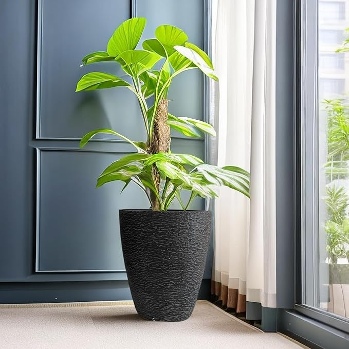 10 inch Garden Planter Lightweight Indoor Outdoor Pots with Drainage Hole for Potted Plants Flowers Greenery, Set of 2 (Black Grain Texture)