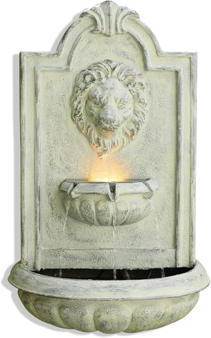 Lion Head Wall Hanging Fountain, 27.5" H Classic Outdoor Wall-Mounted Water Feature, Resin Antique Garden Wall Fountain with LED Light & Water Basin for Patio, Porch, Yard & Courtyard Décor