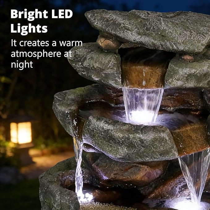 Naturefalls 40.55inches High Outdoor Rock Water Fountain with LED Lights - 6-Tiers Poly-Resin Cascading Waterfall Fountain for Garden, Patio, Yard, Home Decor
