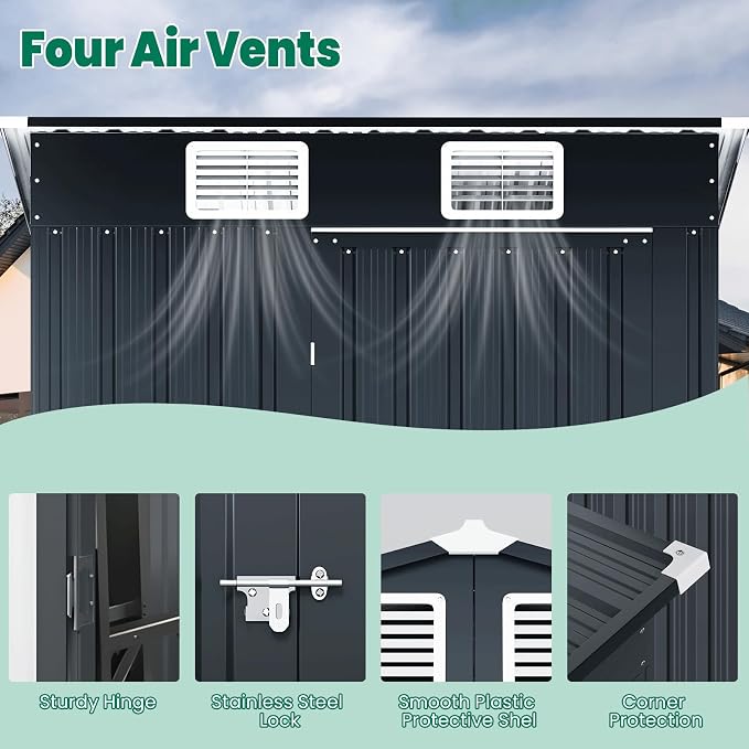 5x3 FT Outdoor Storage Shed, Weatherproof Garden Shed with Lockable Double Doors, Sloped Roof & Ventilation for Backyard, Patio, Poolside - Image 3