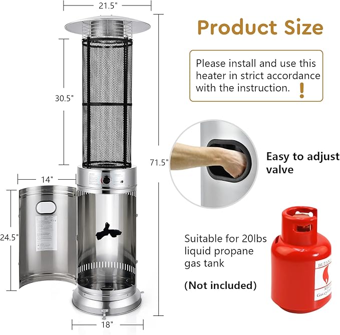 Giantex Propane Patio Heater, Floor-Standing Electric Heater w/Wheels, Dancing Flame, Quartz Glass Tube, Stainless Steel, Round Space Heater, Outdoor Heaters for Backyard, Balcony, BBQ Party, Silver
