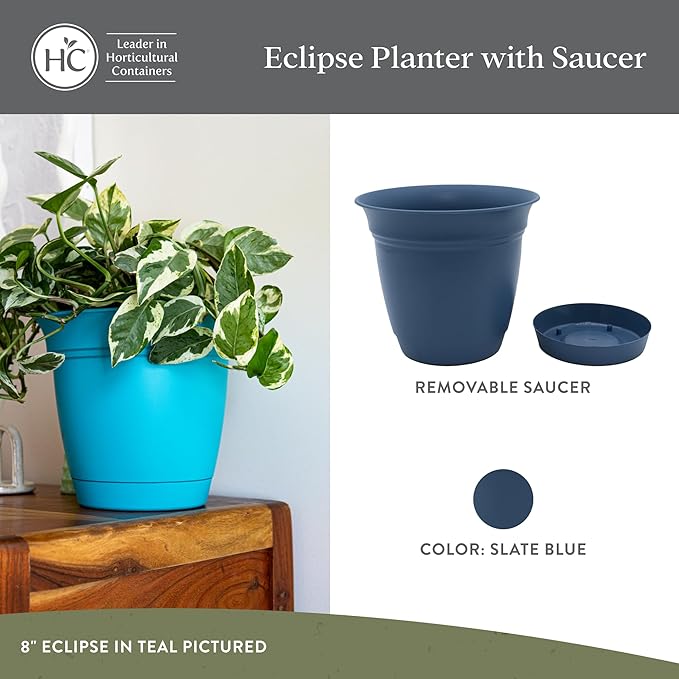 The HC Companies Eclipse Round Planter with Saucer - Outdoor & Indoor Plant Pot with Drainage Holes - Lightweight, UV-Resistant Plastic Pots for Plants, Flowers & Herbs (20" Slate Blue, Pack of 1)