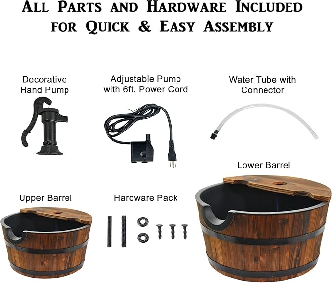 Extra Large Cascading Water Fountain for Outdoor Outside Patio Yard | Decorative 2-Tier Wood Barrel Fountain with Pump | 37.5" Tall Garden Waterfall Fountain