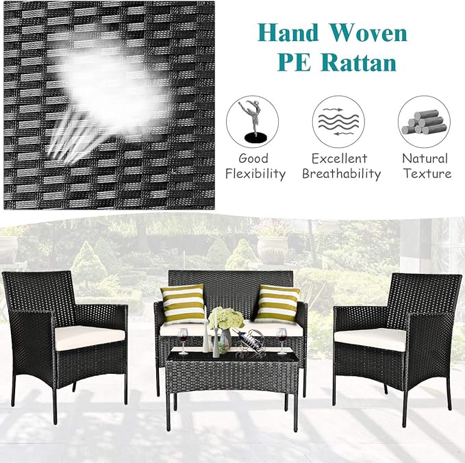 4 Pieces Patio Furniture Set, Outdoor Conversation Set with Ergonomic Curved Backrest, Patio Chair Set with Water-Resistant Cushion & Tempered Glass Table for Balcony, Porch, Pool (Beige)