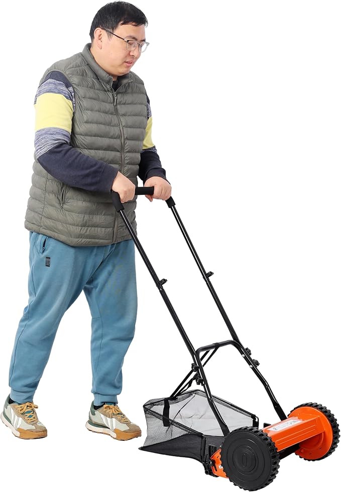 14'' 5-Blade Push Reel Lawn Mower with Grass Catcher, Manual Reel Mower with Adjustable Cutting Height 0.6-1.8'' Eco-Friendly Hand Push Cylinder Mower for Small Yards Orange - Image 2