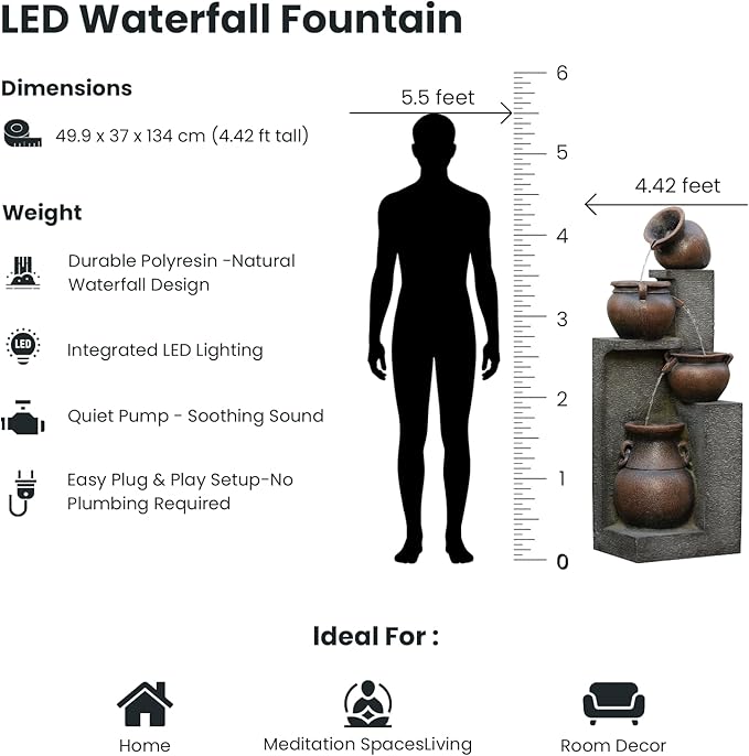 Resin Outdoor Water Fountain 4-Tier Jar Waterfall - Quiet Pump, LED Lights, Rustic Jar Cascading Water Feature for Garden Patio Backyard Decor, 53" H Fountain, Grey