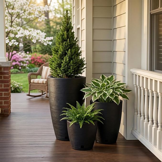 Floridis Set of 3 Black Planters for Indoor Outdoor Plants, 11/17/25 Inch Plastic Plant Pots with Drainage Hole and Saucer for Patio and Front Porch