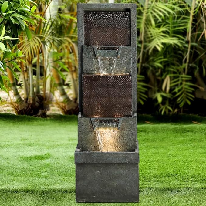 39.3'' Tall Floor Outdoor Fountains and Waterfalls with Lights Indoor Water Fountain Outdoor Modern Floor-Standing Fountain for Yard, Floor Patio, Backyard and Home Art Decor