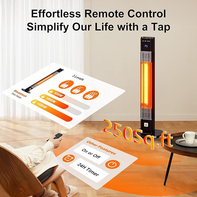 1500W Outdoor Heater,Patio Heater with Remote, 3 Heat Levels, 24H Timer, Carbon Fiber Heating Tube, Tip-Over & Overheat Protection, Electric Space Heaters for Indoor,Outdoor,Garage,Backyard