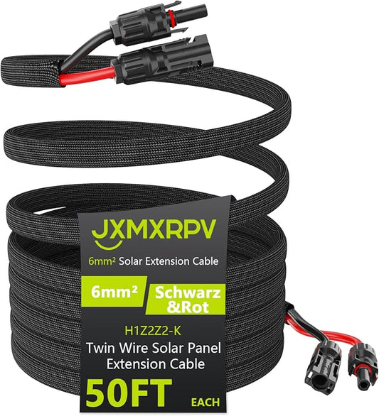 50Ft 10AWG Solar Cable Extension with Protection Cover, Solar Wire with Tool-Free Solar Connectors, IP68 Waterproof PV Cable, Solar Panel Extension Cable 10Gauge for Home Boat RV Solar Panels(50ft) by JXMXRPV