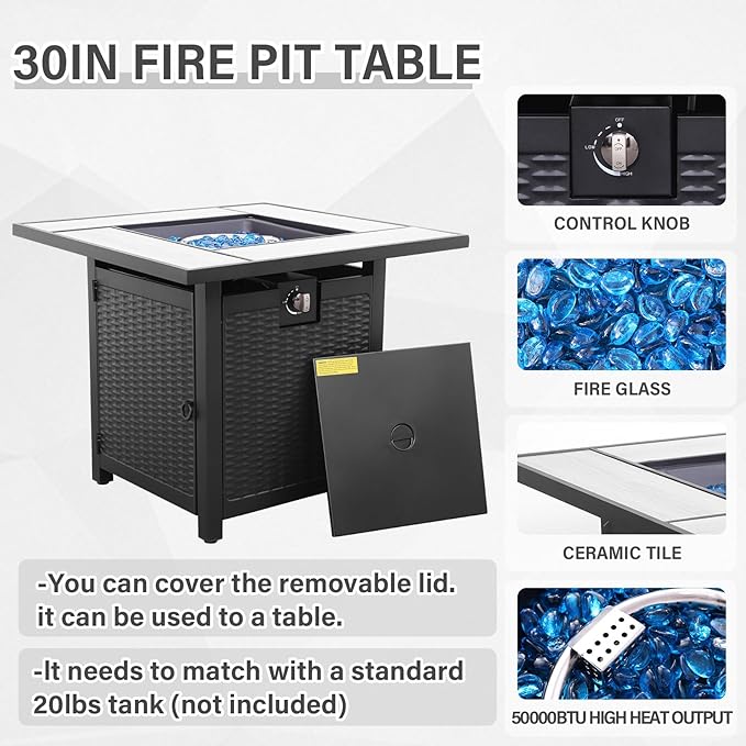 Valita Patio Furniture Set 30 Inches Fire Pit 7-Piece Outdoor Sectional Patio Couch 50000 BTU Steel Propane Fire Pit Table with No-Slip Cushions and Waterproof Cover, Navy Blue