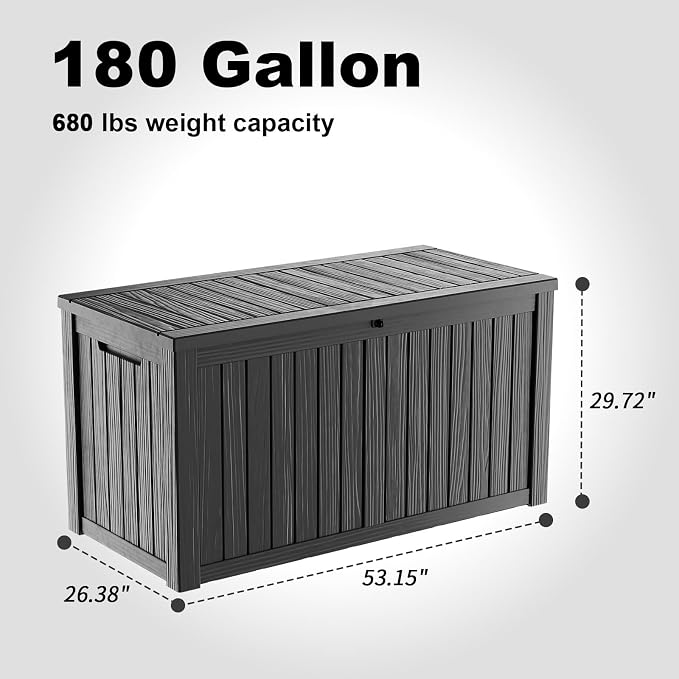 PatioZen 180 Gallon Resin Deck Box, Lockable Patio Outdoor Storage Box for Furniture, Garden Tools and Tools Storage, Waterproof Outside Storage Boxes - Black - Image 5
