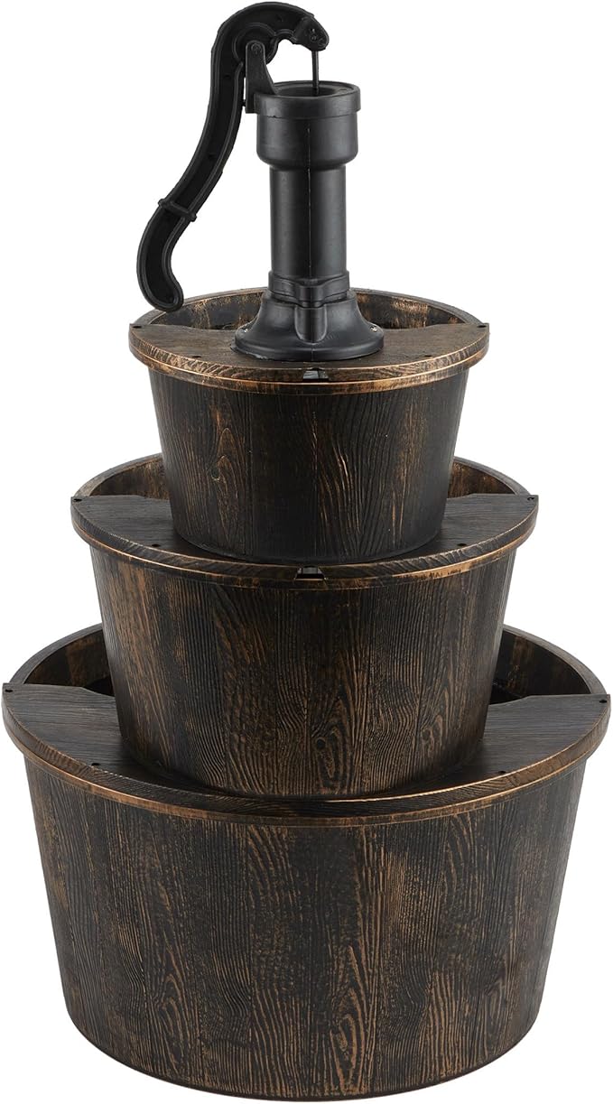 Alpine Corporation 40" Tall Outdoor Floor Tiered Rustic Pump and Barrel Water Fountain, Old-Fashioned Waterfall for Garden, Patio, Yard Decor, Dark Brown