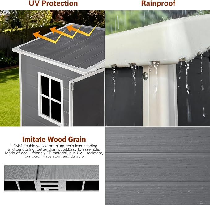 YOPTO 6x4 FT Plastic Storage Shed,Outdoor Storage Shed with Floor and Lockable Door,Waterproof Garden Shed W/Windows & Vents,Sloped Roof,Tool House for Storing Bicycles,Lawnmowers,Gray - Image 2