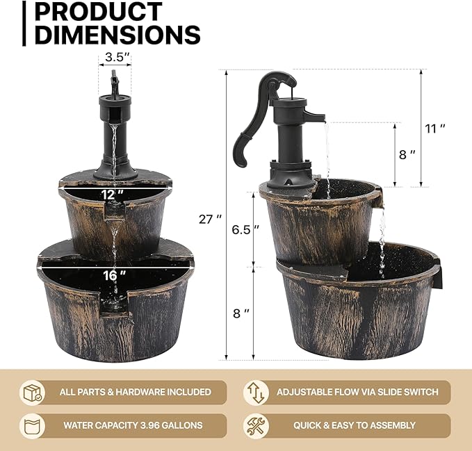 MoNiBloom Outdoor Water Fountains, 27" Tall 2-Tier Barrel and Pump Waterfall Fountain and Pump for Outdoor Patio Garden Backyard Decking, 11 L Water Capacity, Bronze