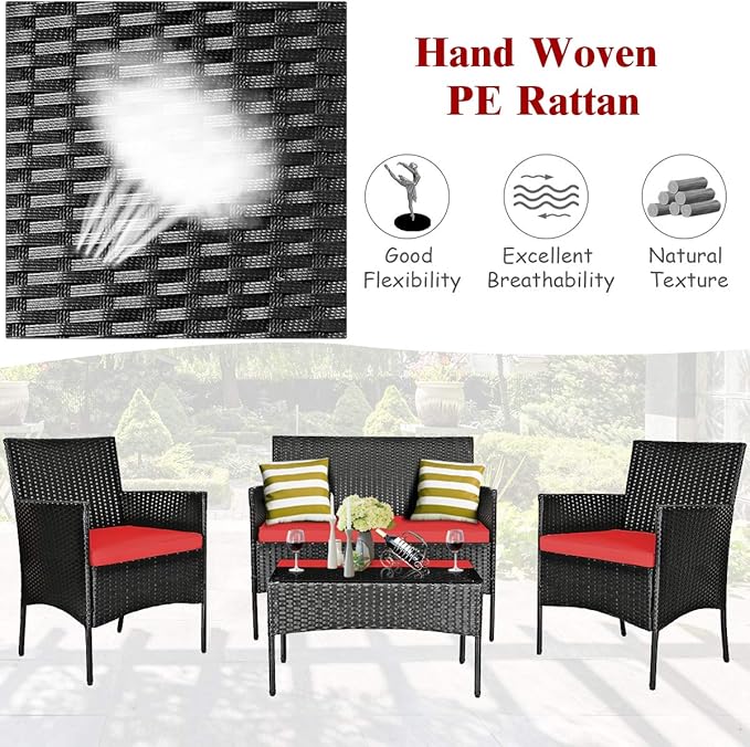 8 Pieces Patio Furniture Set, Outdoor Conversation Set with Ergonomic Curved Backrest, Patio Chair Set with Water-Resistant Cushion & Tempered Glass Table for Balcony,Porch,Poolside(Red)