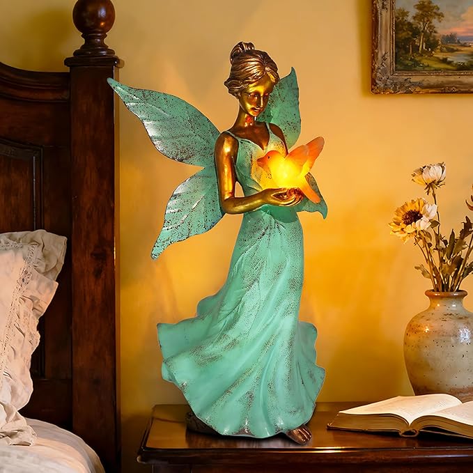 Solar Fairy Garden Statue Decor - 10 Inch Angel Girls Resin Figurine Waterproof Home Decoration with Hummingbird LED Lights for Bedroom Balcony Table Yard Patio, Gifts for Women Mom Grandma Birthday