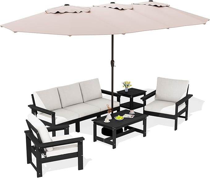 SERWALL HDPE Patio Furniture Set with 15FT Patio Umbrella, 7-piece Outdoor Sectional Sofa Set, All Weather Patio Couch Set for Deck, Black &Beige(Umbreall Base not Included)