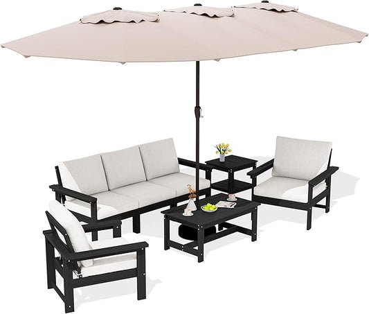 SERWALL HDPE Patio Furniture Set with 15FT Patio Umbrella, 7-piece Outdoor Sectional Sofa Set, All Weather Patio Couch Set for Deck, Black &Beige(Umbreall Base not Included)