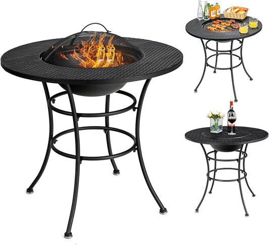 Giantex 4-In-1 Fire Pit Dining Table, 32" Fire Bowl for Outside, Wood Burning Fireplaces with Cover, Fire Poker, Grill Grate, Patio Dining Table for Camping, Picnic, Yard, Metal Round Outdoor Fire Pit by Giantex