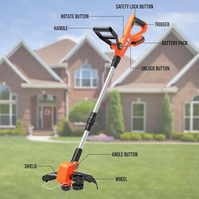 VARSK 12 Inch 20V Cordless Weed Wacker with Automatic Line Feed, 2 in 1 String Trimmer and Edger, Includes 2 X 2.0Ah Batteries/1 X Charger/6 X Replacement Spools, Weed Eater for Lawn, Garden, etc - Image 7