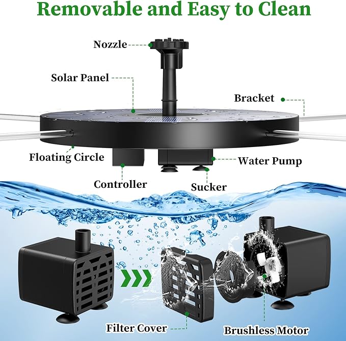 AISITIN Solar Fountain Pump 2.5W Bird Bath Fountain Solar Powered Water Fountain with 8 Nozzle & 4 Fixer, Solar Fountain Pump for Bird Bath, Garden, Pond, Pool