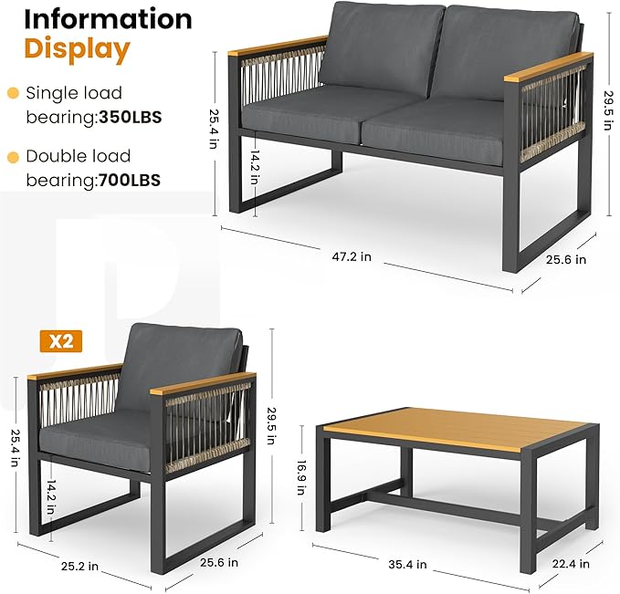 Pamapic 4 Pieces Outdoor Patio Furniture Set with Wicker Handrails, Plastic-Wood Balcony Furniture with Wicker Arm Panel, All-Weather Metal Patio Conversation Sets with Cushion and Coffee Table