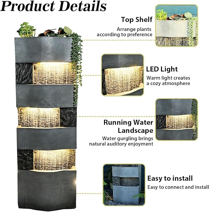 40.5" H Modern Outdoor Water Fountain with LED Lights – Tall Garden Waterfall Fountain for Patio, Yard, Landscape or Indoor Decor, 4 Tiers Floor Standing Waterfall Outdoor Fountains