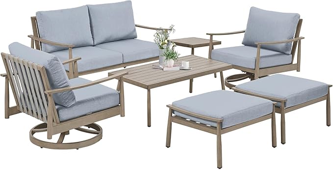 HAPPATIO Patio Outdoor Furniture Set - 7 Pieces Aluminum Outdoor Conversation Set Includes 1 Loveseat, 1 Side Table, 1 Coffee Table, 2 Swivel Chairs, and 2 Ottomans for Porch, Yard, Lawn (Brown)
