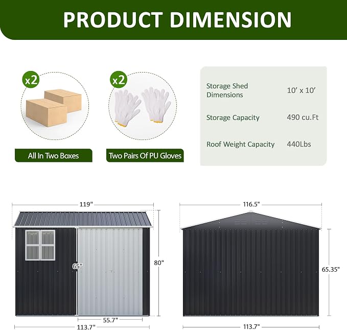 DAUSOLA 10x10 FT Outdoor Storage Shed, Metal Garden Tool Shed with Updated Frame Structure, Lockable Doors and Windows, Ideal for Backyard Garden Patio Lawn, Grey - Image 6