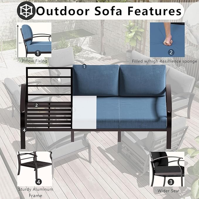 Aluminum Patio Furniture Set with Fire Pit Table, 8 Seats Outdoor Patio Conversation Sets with Swivel Chair Modern Metal Sectional Sofa with Upgrade Cushions for Patio, Backyard - Blue