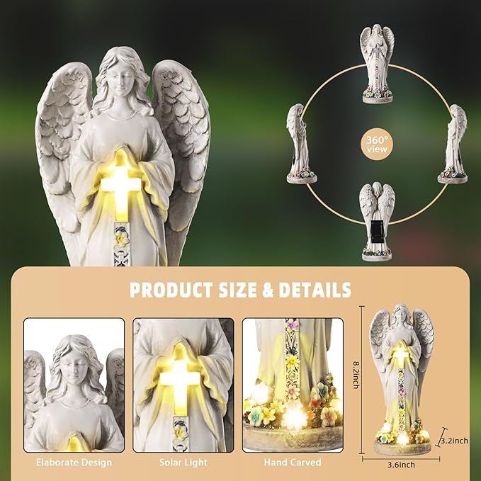 Angel Garden Statues Outdoor Cemetery Decorations for Grave 8.2" Resin Praying Angel Figurines Featuring Cross Solar Light Waterproof Angel Decor for Grave-Sympathy Gifts for Loss of Loved One