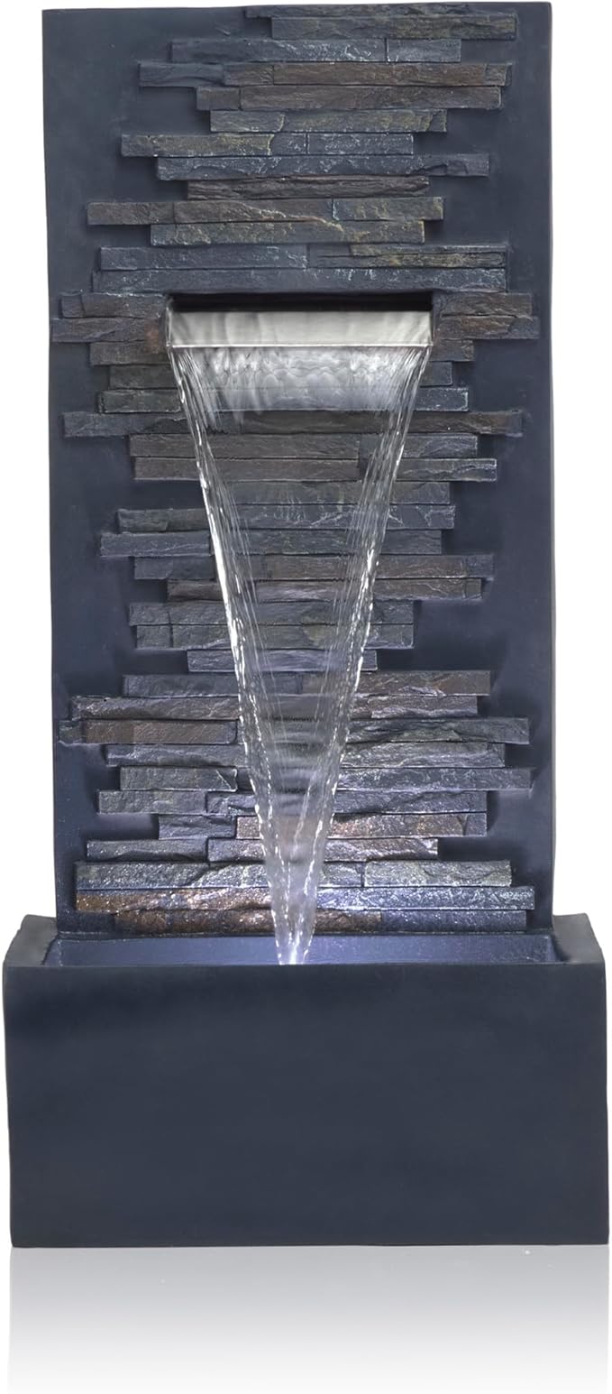 Alpine Corporation 32" Cascading Stone Wall Fountain with LED Lights – Outdoor Water Feature for Garden, Patio, Backyard & Home Decor, Gray