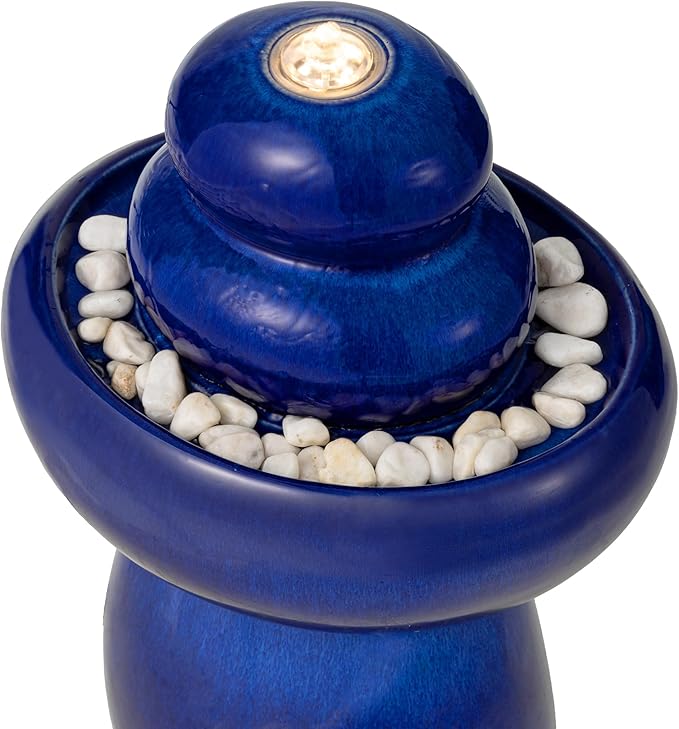 Glitzhome 22" H Zen-Style Outdoor Ceramic Fountain, 3 Tier Pedestal Cascading Water Fountains with LED Light & Pump, Cobalt Blue Pebbles Garden Fountains Waterfalls for Patio, Deck, Porch Decor