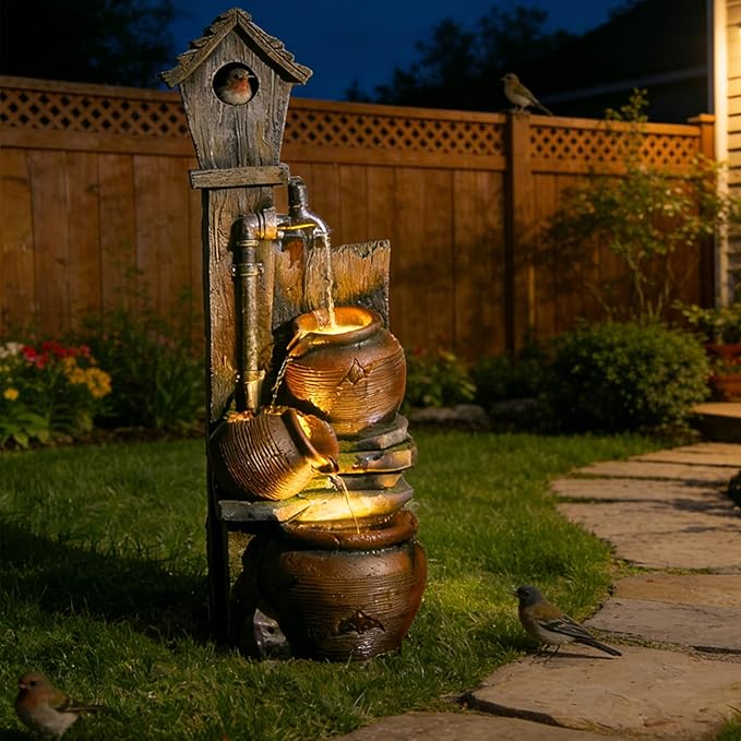 Water Fountain Birdhouse Outdoor Fountain, 37" Tall Garden Fountain Tiered Waterfall Fountain with Cascading Pots, Farmhouse Water Feature for Patio Backyard Yard Lawn Garden Decor