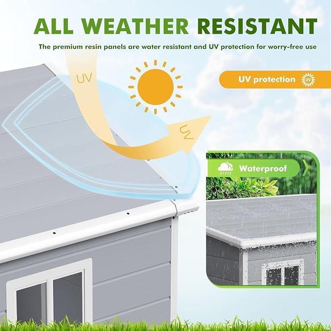 Devoko 6 x 4 FT Plastic Outdoor Storage Shed with Floor, Resin Tool Shed with Window, Outside Waterproof Garden Shed with Lockable Door for Patio, Backyard, Poolside, Light Grey - Image 5