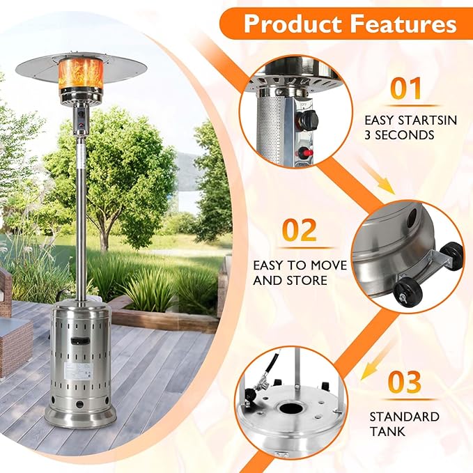 48,000 BTU Propane Patio Heater for Outdoor Use with Wheels and Cover, Stainless Steel Burner for outdoor use, Triple Protection System, Garden Commercial Residential(Silver)
