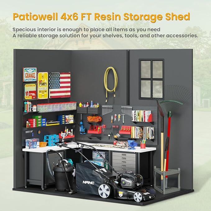 Patiowell 4' x 6' Outdoor Storage Shed with Floor, Plastic Shed Outside Resin Tool Shed with Window and Lockable Door for Backyard Garden Patio Lawn, Dark Grey (Fit-it Shed) - Image 3
