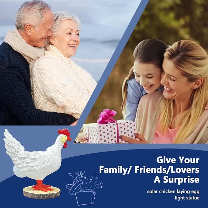 Solar Garden Statues Outdoor Decor, Miniature Chicken Egg Lamp Figurine Mother’s Day Decorations Chickens Lights with Egg in Butt LED 3D Sculpture for Patio, Lawn - Unique Christmas Housewarming Gift