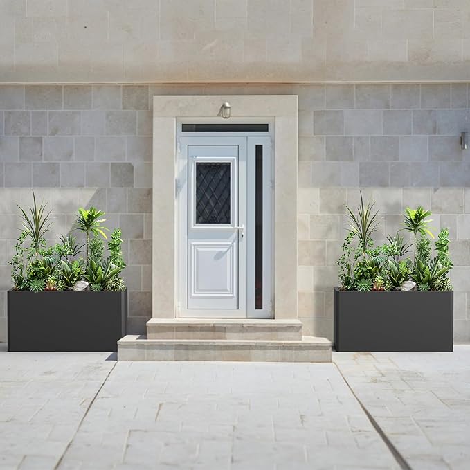 Metal Planters - Rectangular Trough, All-Weather Durable with 4 Drainage Holes, 25x11x13 Inches for Porch & Patio, Black