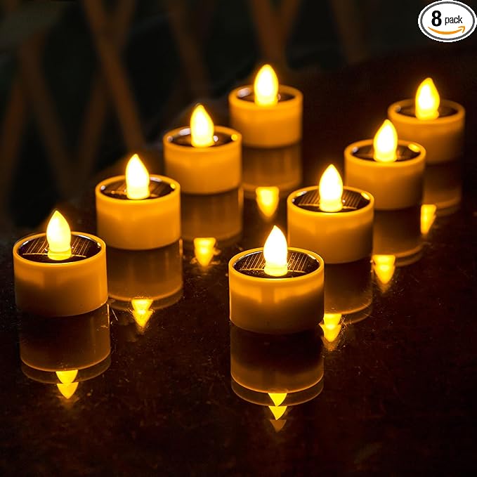 Solar Tea Lights Outdoor Waterproof, 8pcs Rechargeable Dusk to Dawn Little Solar Votive Candles, Flameless Flickering Small Light for Lantern Window DIY Chandelier Patio Deck Garden Decor (Warm Amber)