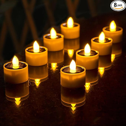 Solar Tea Lights Outdoor Waterproof, 8pcs Rechargeable Dusk to Dawn Little Solar Votive Candles, Flameless Flickering Small Light for Lantern Window DIY Chandelier Patio Deck Garden Decor (Warm Amber)