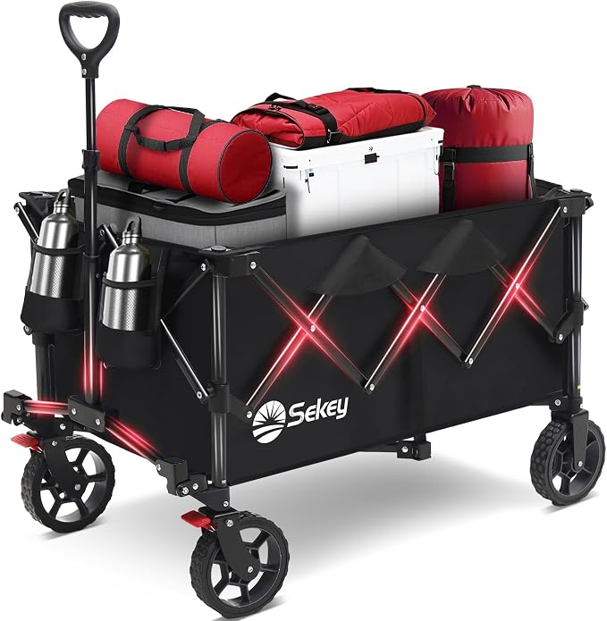 Sekey Collapsible Foldable Wagon with 330lbs Weight Capacity, Heavy Duty Folding Wagon Cart with Big All-Terrain Wheels & Drink Holders. Black by Sekey