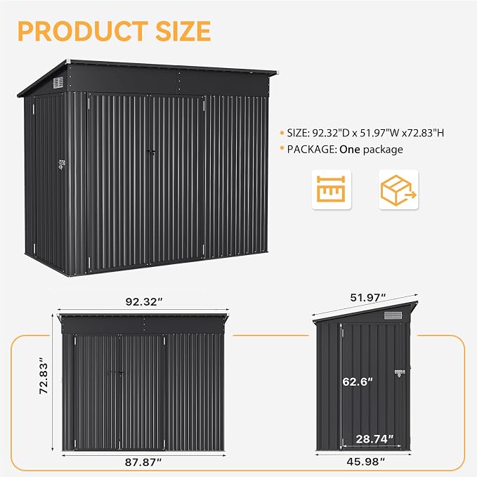 Aoxun 4' x 8' Shed Outdoor Storage Shed with Triple Lockable Door Metal Storage Cabinet with Slopping Roof for Tools Bicycles Storage for Garden, Patio, Courtyard - Image 6